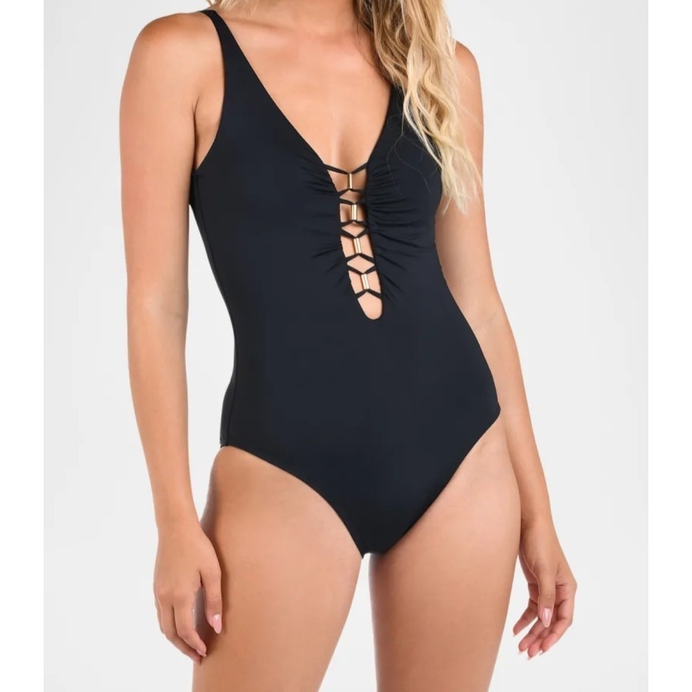 New $133 La Blanca Island Goddess V-Plunge One Piece Black Women's 12 Swimsuit